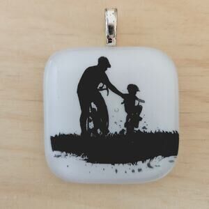 Silhouette Pendant Man Boy on Bikes Signed Square Bicyclist Dad Son Fathers Day